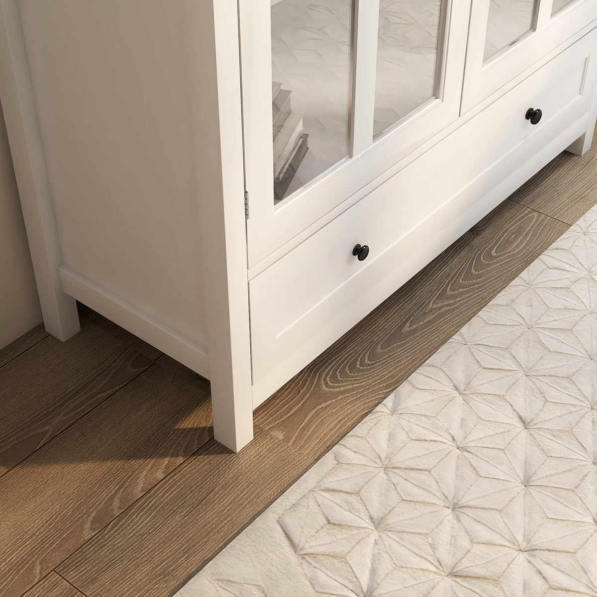 White Buffet Storage Cabinet with Double Glass Doors and Bell Handles – view 4