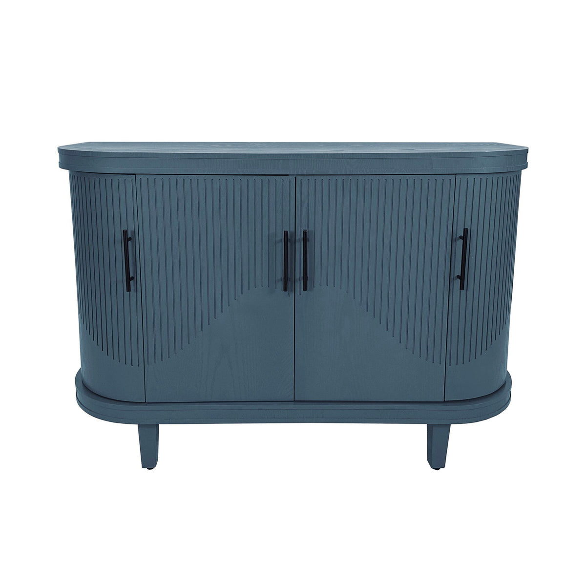 Curved blue ash veneer sideboard console table with four doors along a living room wall