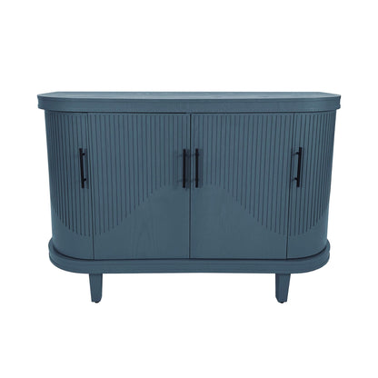 Curved blue ash veneer sideboard console table with four doors along a living room wall