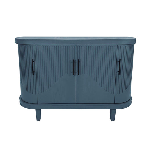 Curved blue ash veneer sideboard console table with four doors along a living room wall