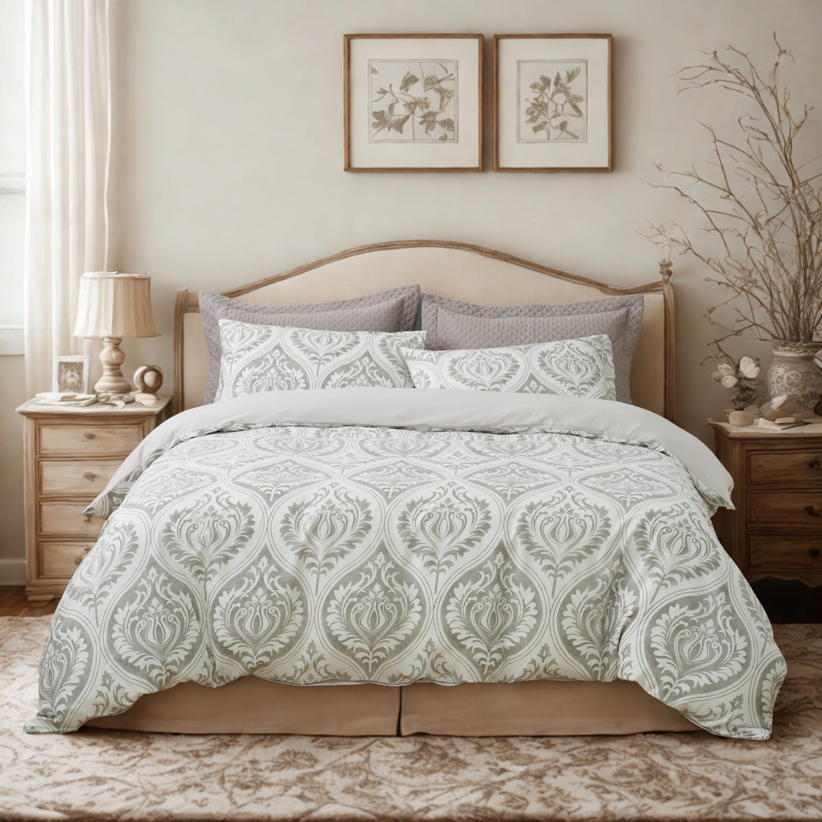 Microfiber Ogee Damask Duvet Cover, Moon Sky Gray & White