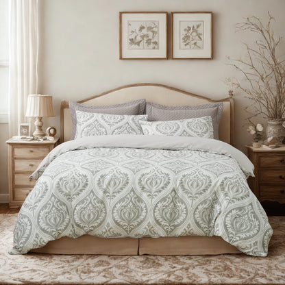 Microfiber Ogee Damask Duvet Cover, Moon Sky Gray & White