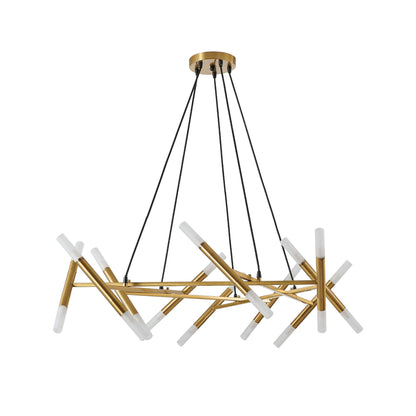 Matte gold modern branch chandelier with frosted tubes above a dining table