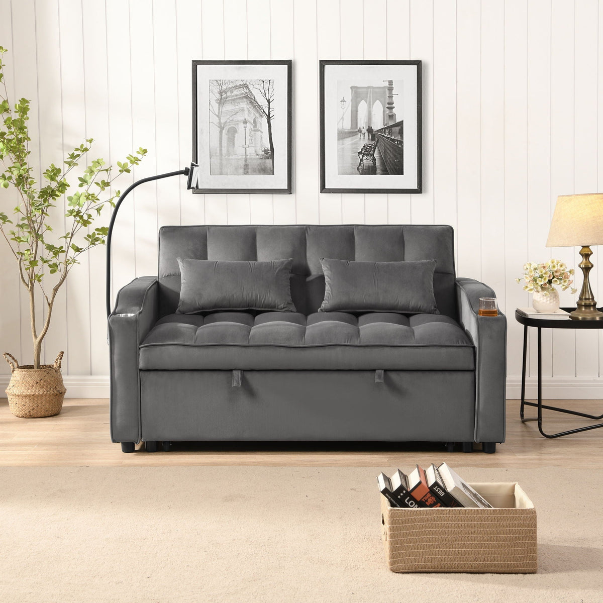 Dark Gray Velvet Sofa Bed with Trundle and USB Ports for Small Rooms – view 3
