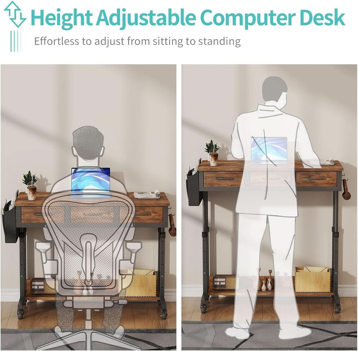Rolling Height-Adjustable Computer Desk with Fabric Drawers – view 6