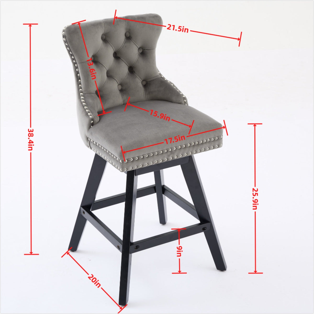 Wine Red Velvet Swivel Bar Stools with Button Tufting, Set of 2 – view 9