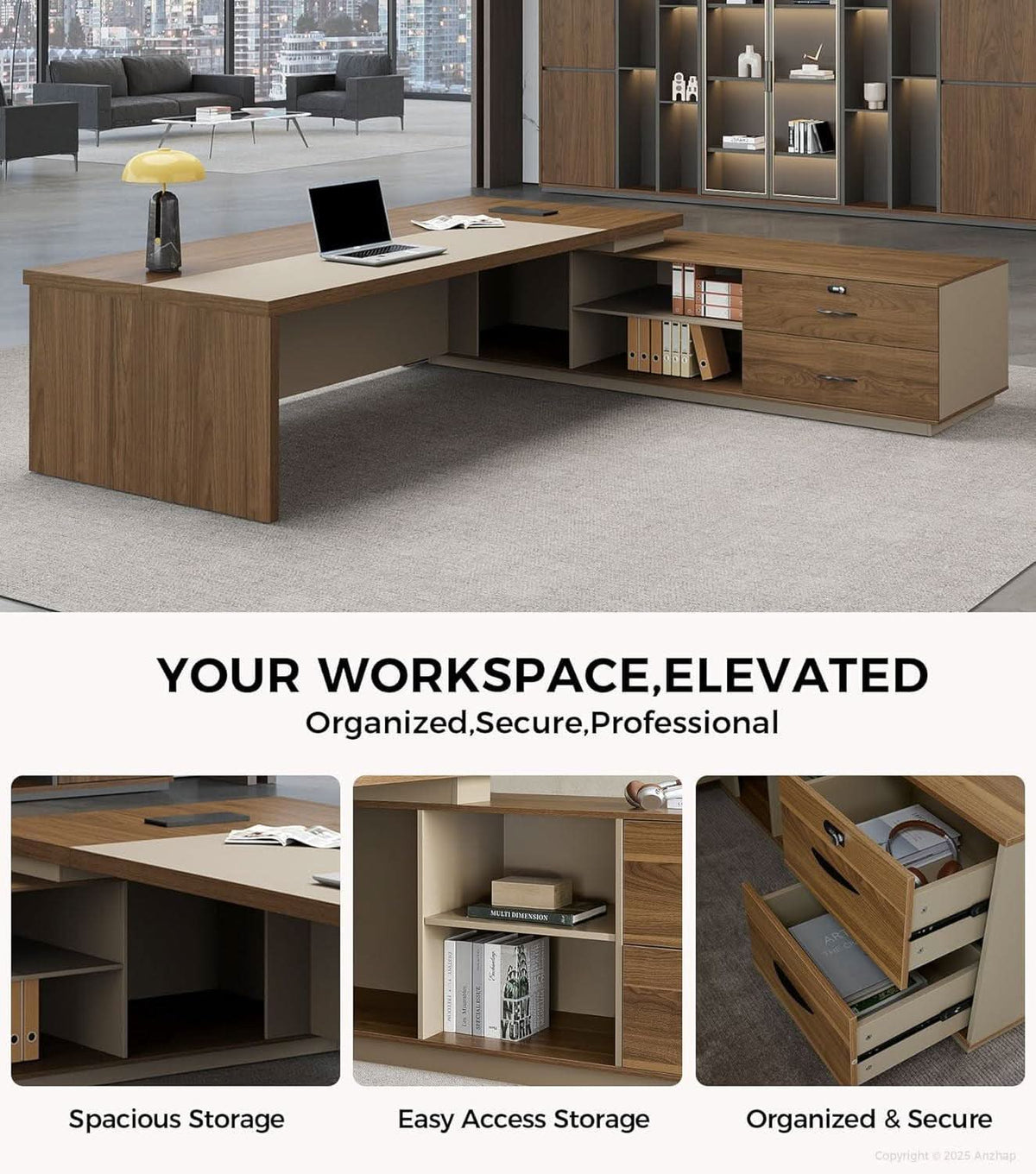 79-Inch L-Shaped Executive Desk with Lockable Drawers and Privacy Panel – view 6