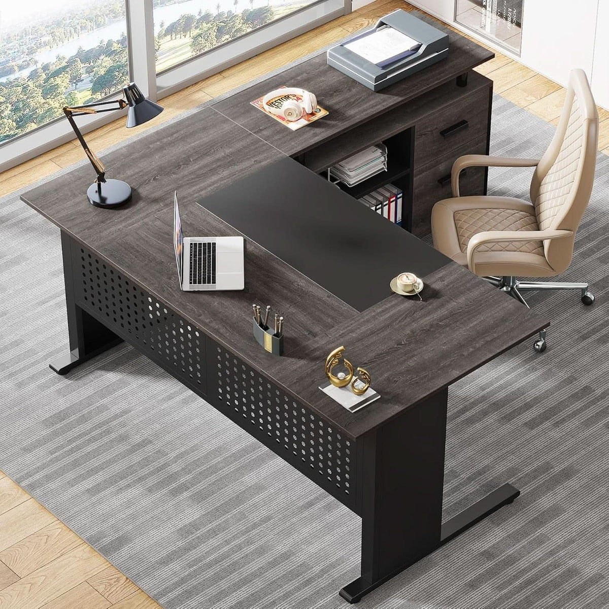 63-Inch Executive Desk with File Cabinet and Open Shelves – view 6