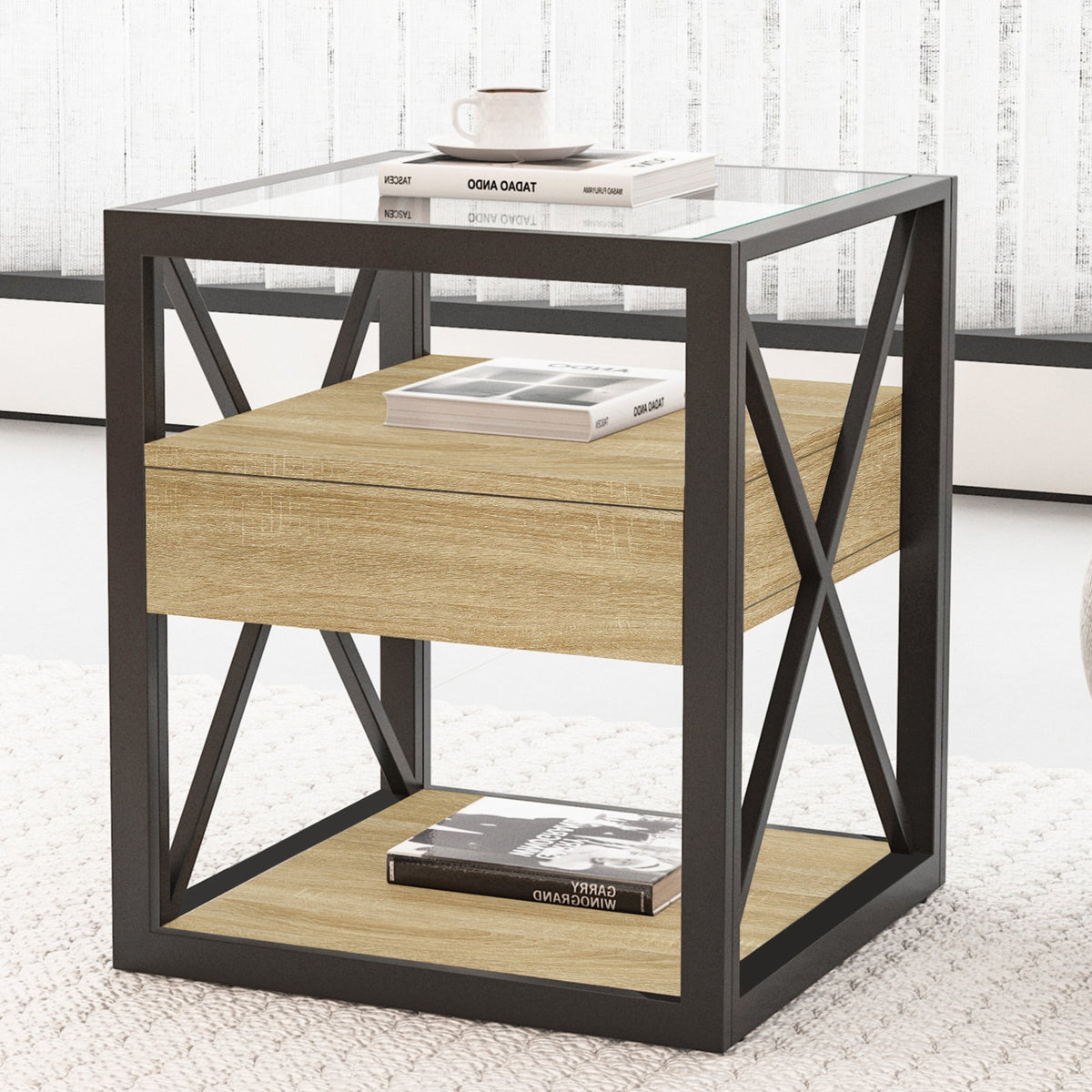 Modern X-Frame End Tables with Drawer and Glass Top, Set of 2 – view 11