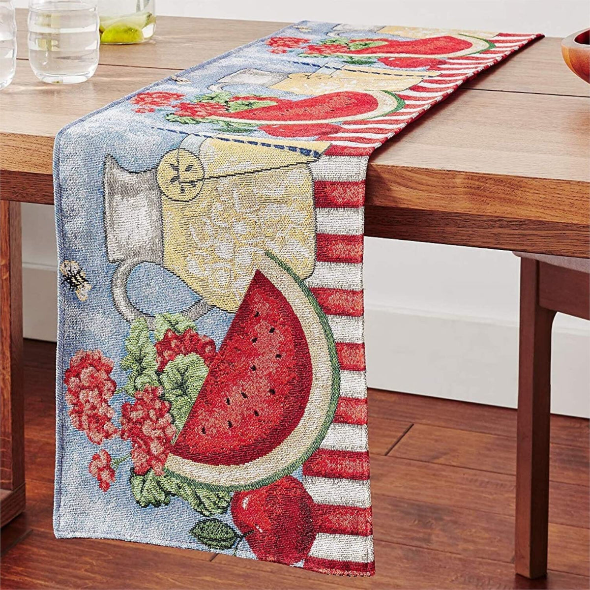 Woven Tapestry Table Runner with Fruity Drinks Motif