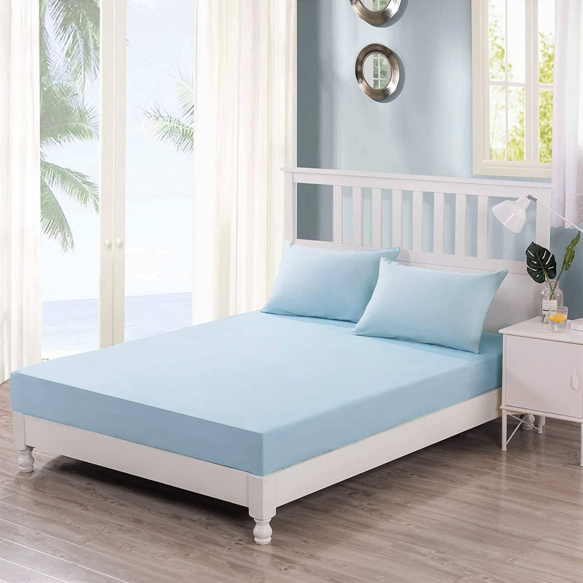 Cotton Light Sky Blue Fitted Sheet and Pillowcase Set