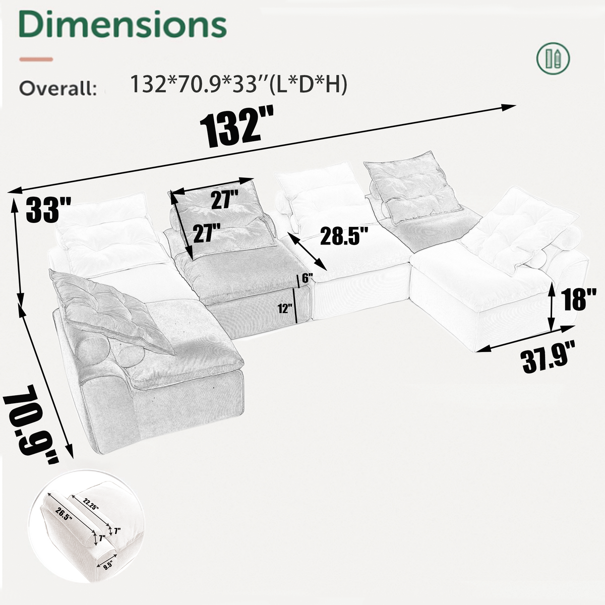 6-Piece Modular Sofa Set in Beige Corduroy with Neck and Waist Pillows – view 2