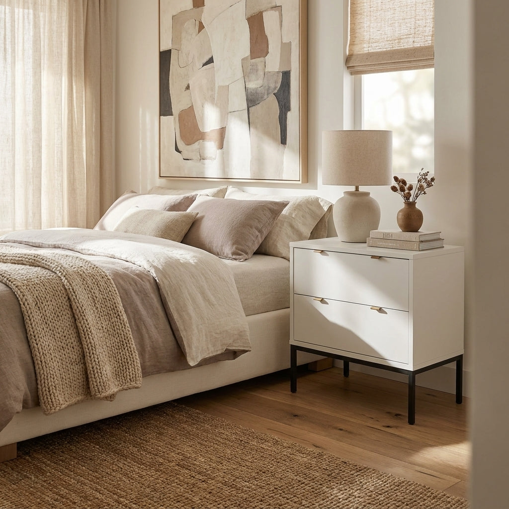 Wilma Modern White Nightstand with Soft-Close Drawers and Metal Legs