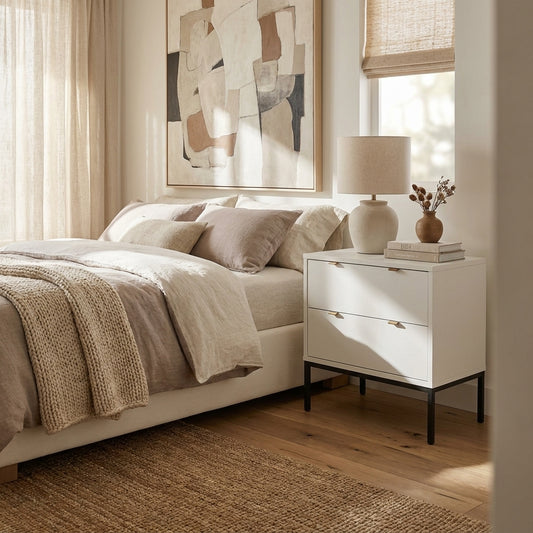 Wilma Modern White Nightstand with Soft-Close Drawers and Metal Legs