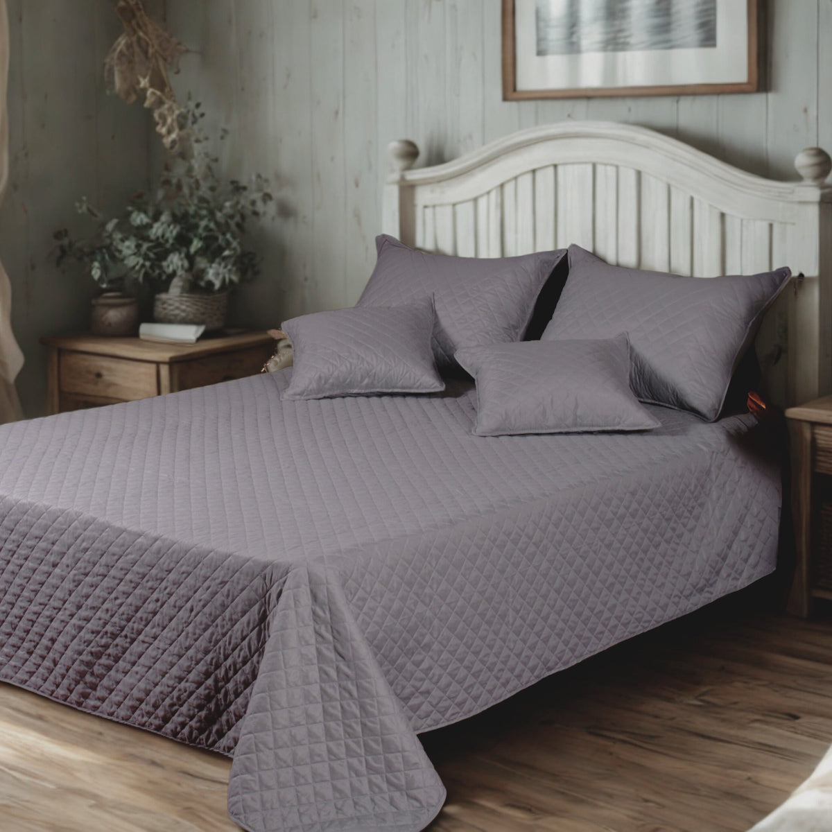 Polyester Diamond Stitch Quilted Bedspread Set, Light Gray Silver