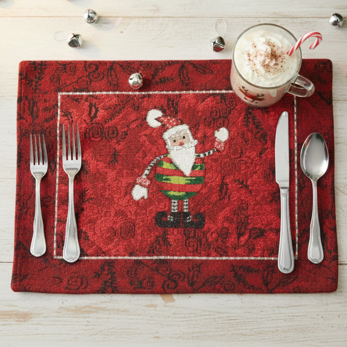 Red Woven Tapestry Christmas Placemat Set, Santa Claus & Snowman
