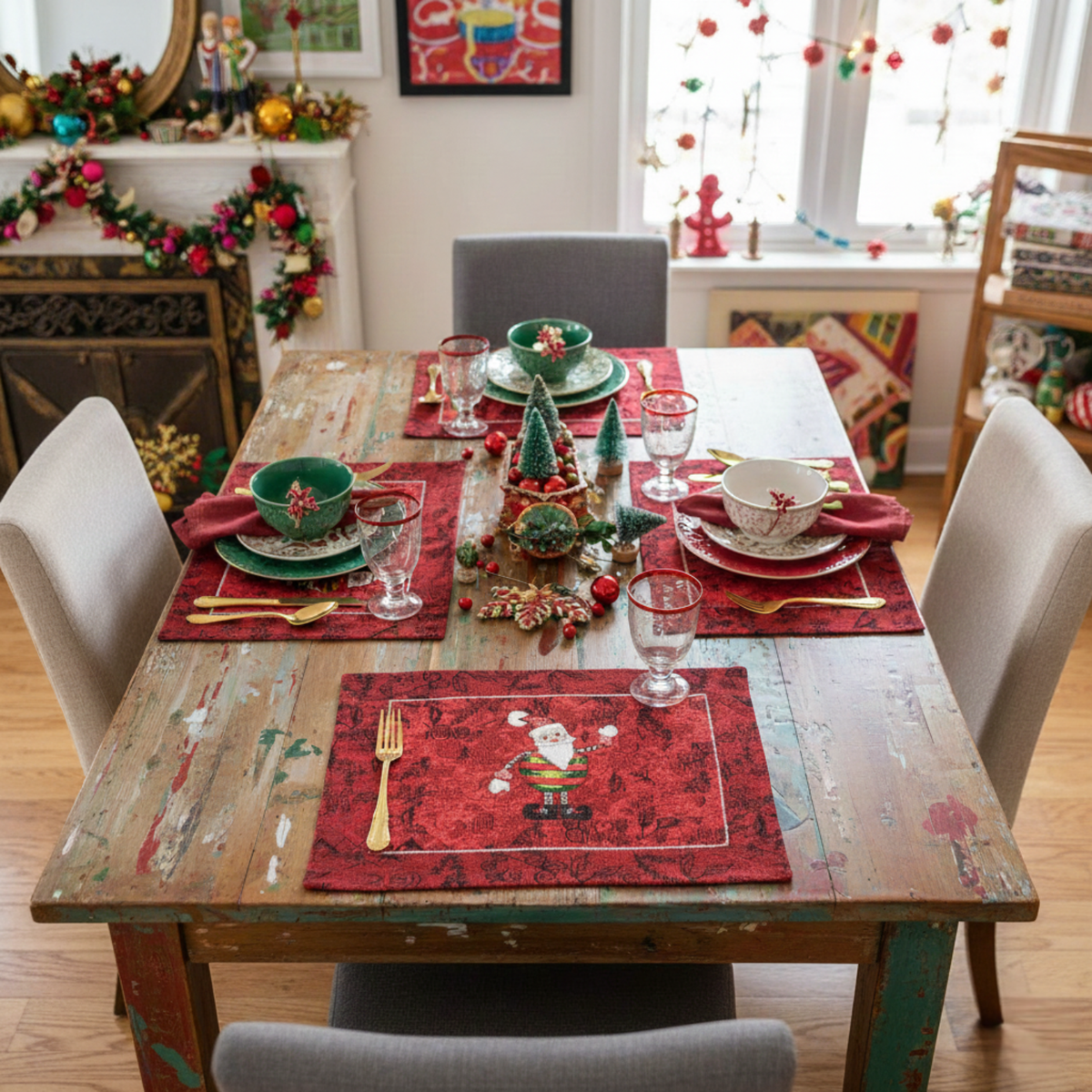 Red Woven Tapestry Christmas Placemat Set with Santa Claus and Snowman – view 4