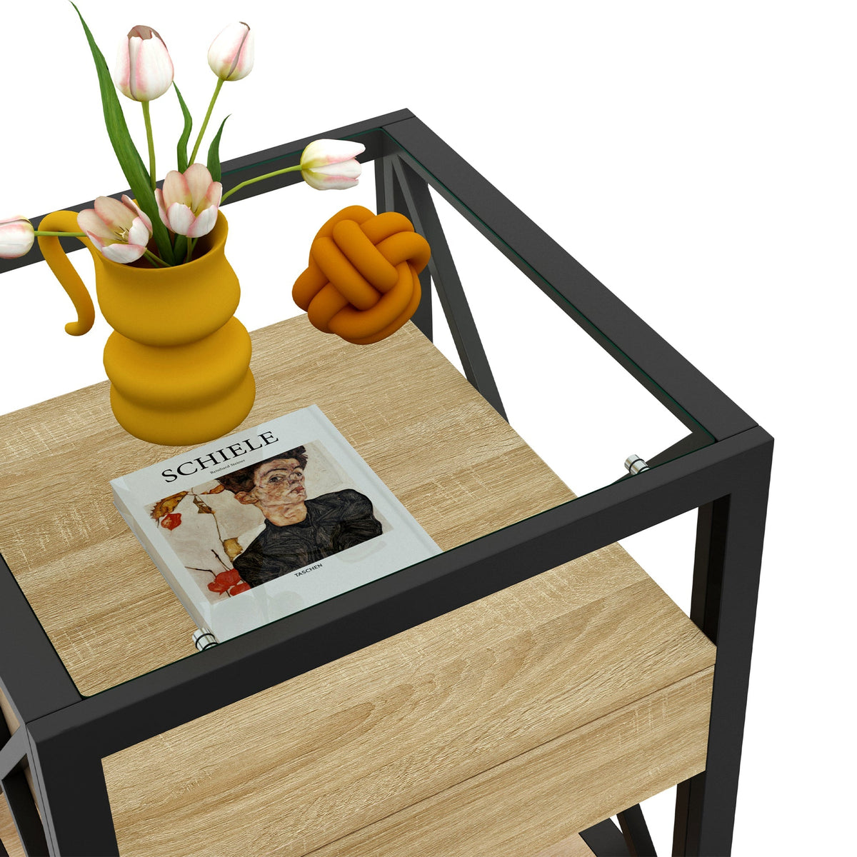 Modern X-Frame End Tables with Drawer and Glass Top, Set of 2 – view 12