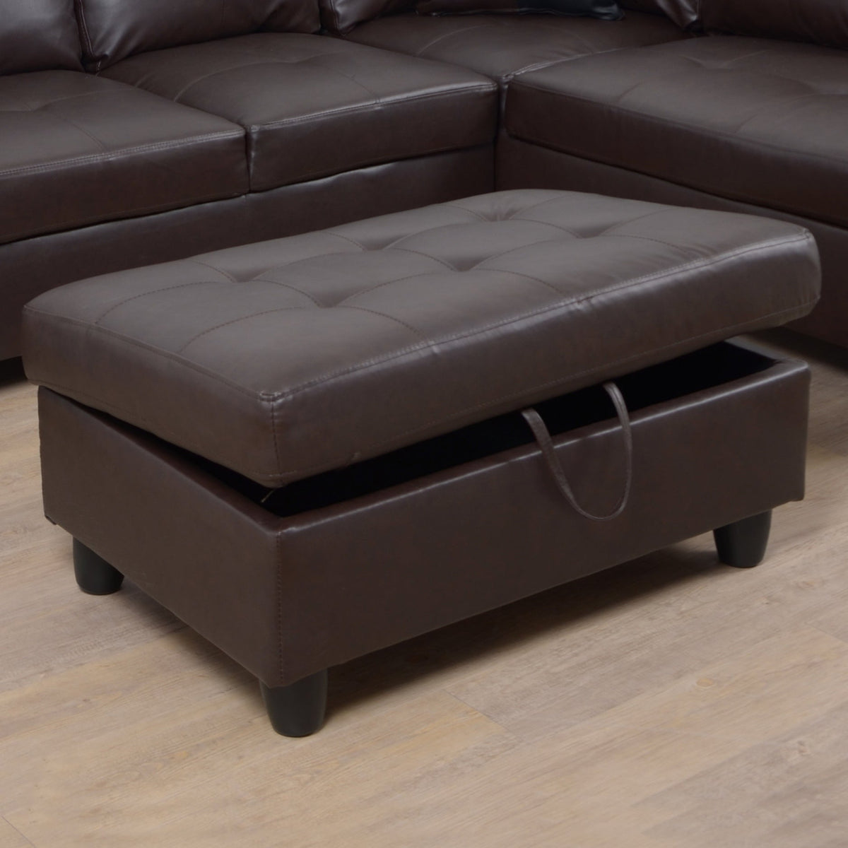 3-Piece Brown Faux Leather Sectional Sofa with Chaise and Ottoman – view 2