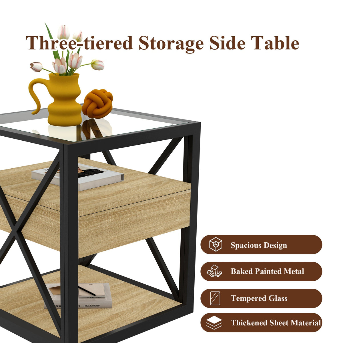 Modern 3-Tier End Table with Drawer and Tempered Glass Top – view 4