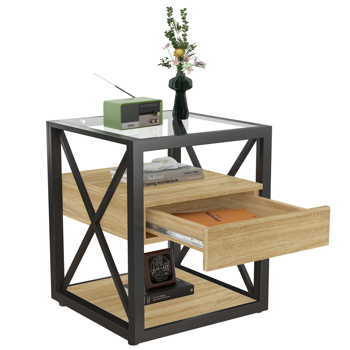 Modern 3-Tier End Table with Drawer and Tempered Glass Top – view 17