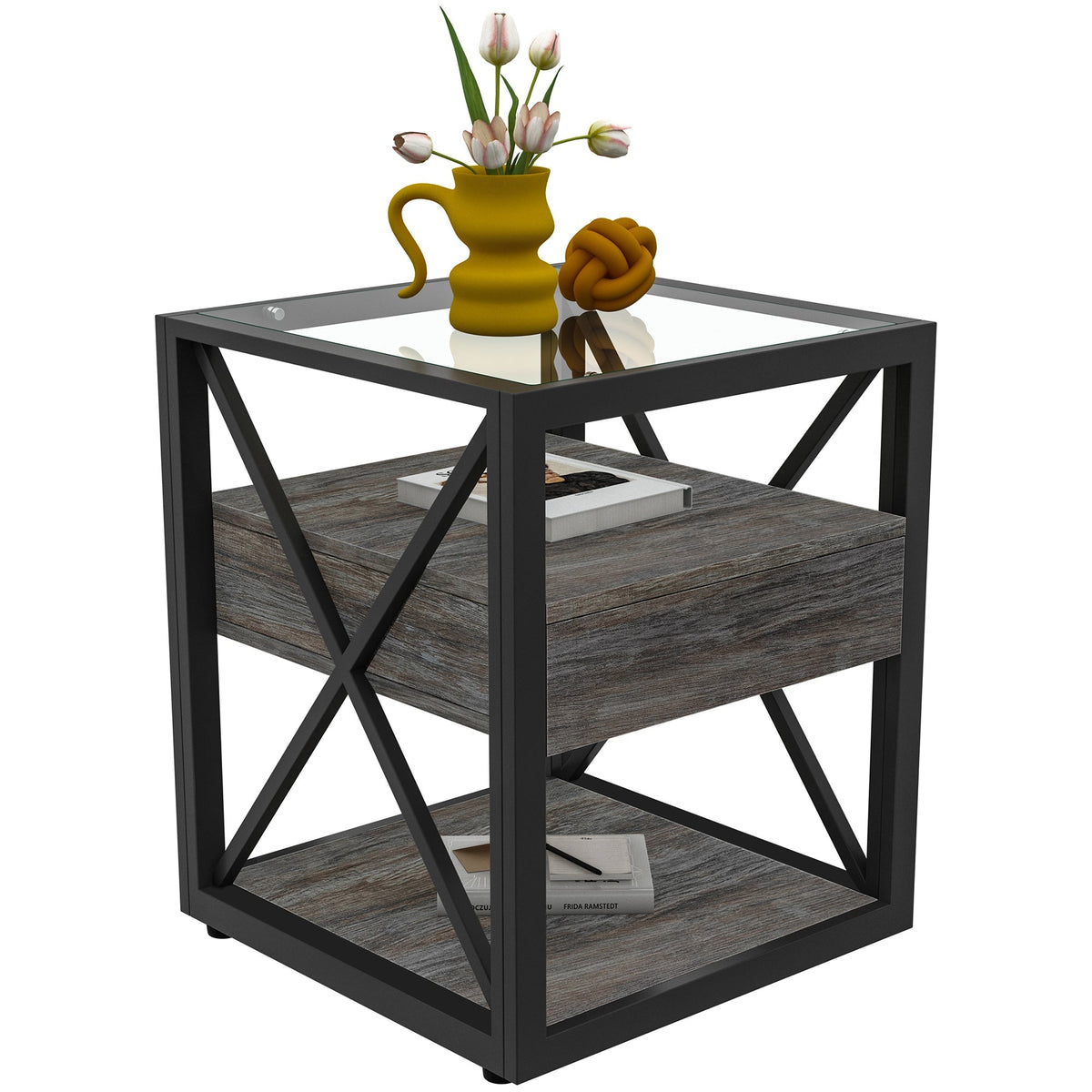 Industrial End Tables with Drawer and Glass Top, Set of 2 Nightstands – view 14