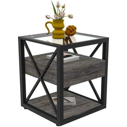 Industrial End Tables with Drawer and Glass Top, Set of 2 Nightstands – view 14