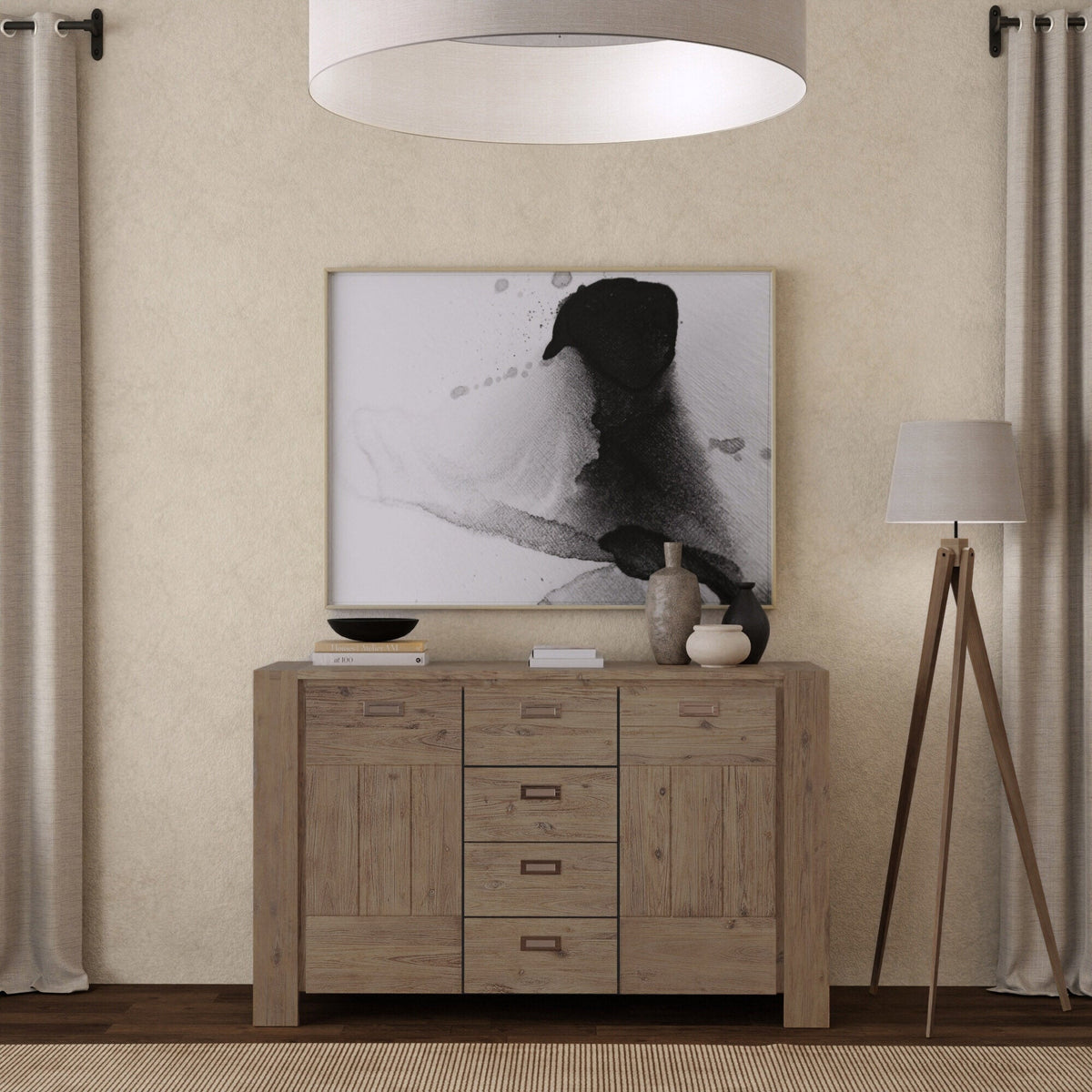 Solid Acacia Wood Seashore Sideboard, Antique Natural Finish