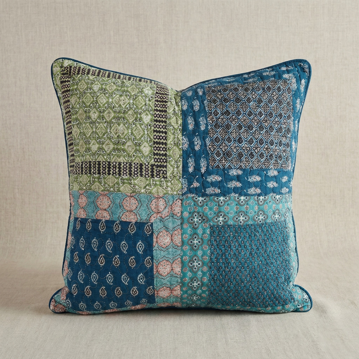 Bohemian Ocean teal and blue cotton patchwork euro sham on a coastal bohemian bed