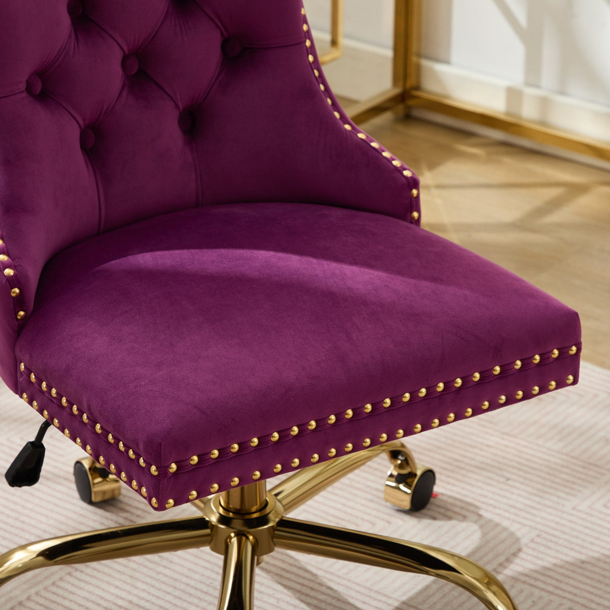 Purple Velvet Tufted Office Chair with Gold Accents and Nailhead Trim – view 11