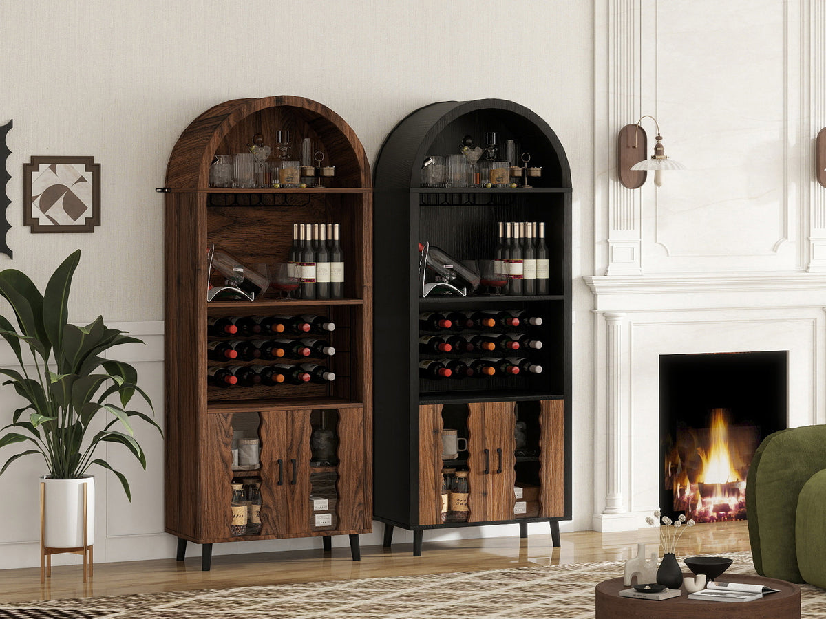 71-Inch Farmhouse Arched Wine Bar Cabinet with Glass Holders, Black – view 11