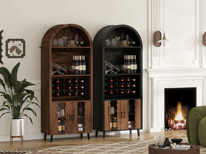 71-Inch Farmhouse Arched Wine Bar Cabinet with Glass Holders, Black – view 11