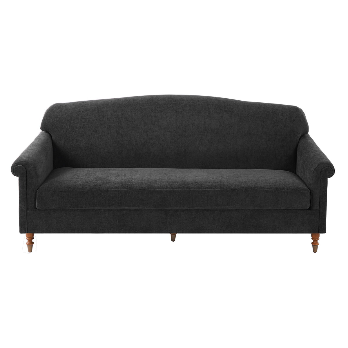 Gray fabric rolled arm 2-seater loveseat with turned wood legs in a compact living room