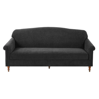 Gray fabric rolled arm 2-seater loveseat with turned wood legs in a compact living room