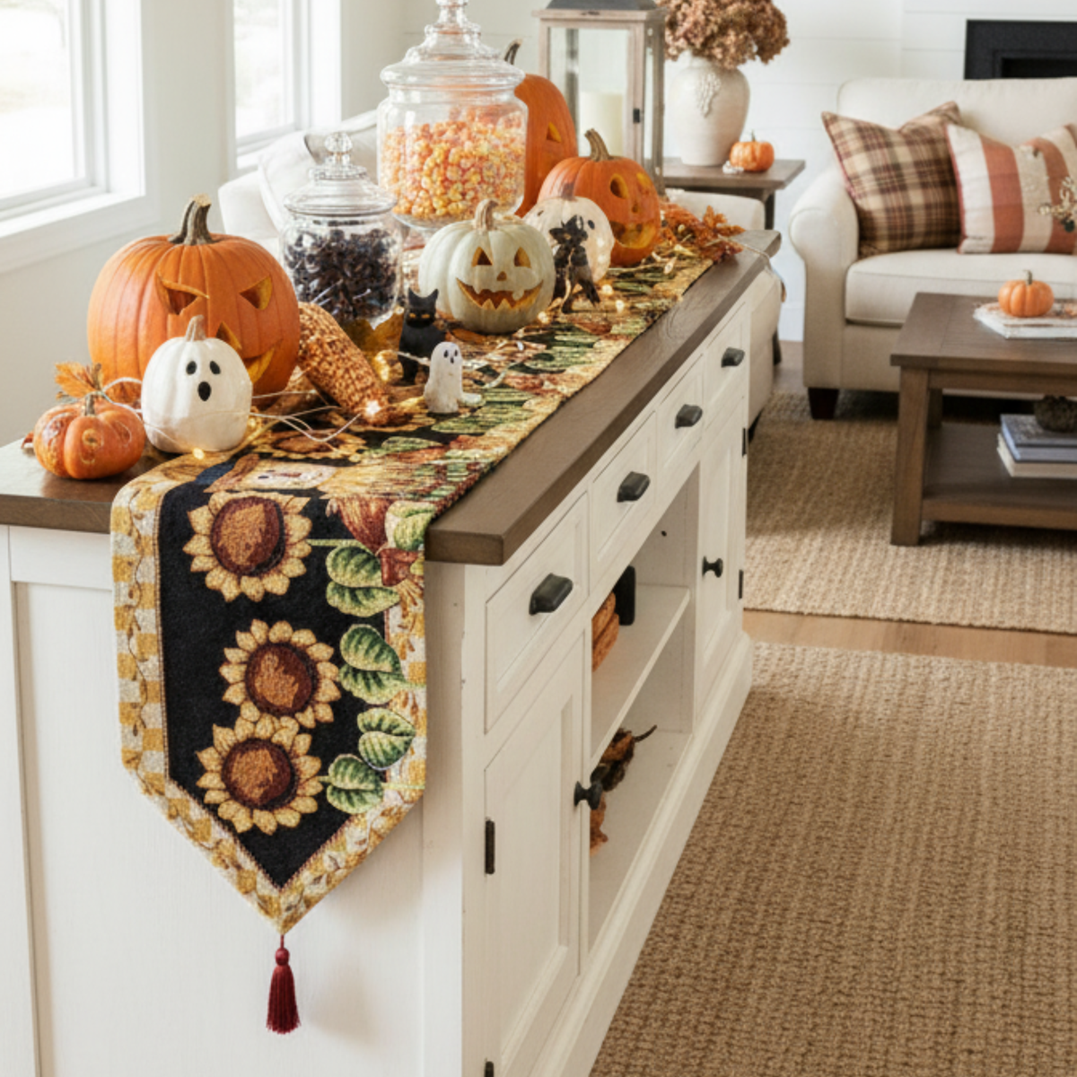 Sunflower Field Scarecrow Autumn Harvest Woven Tapestry Table Runner – view 9
