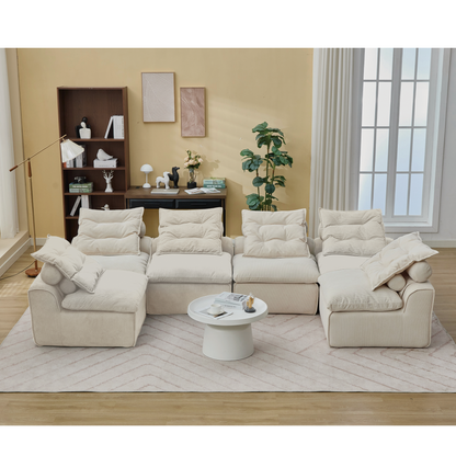 6-Piece Modular Sofa Set in Beige Corduroy with Neck and Waist Pillows – view 5
