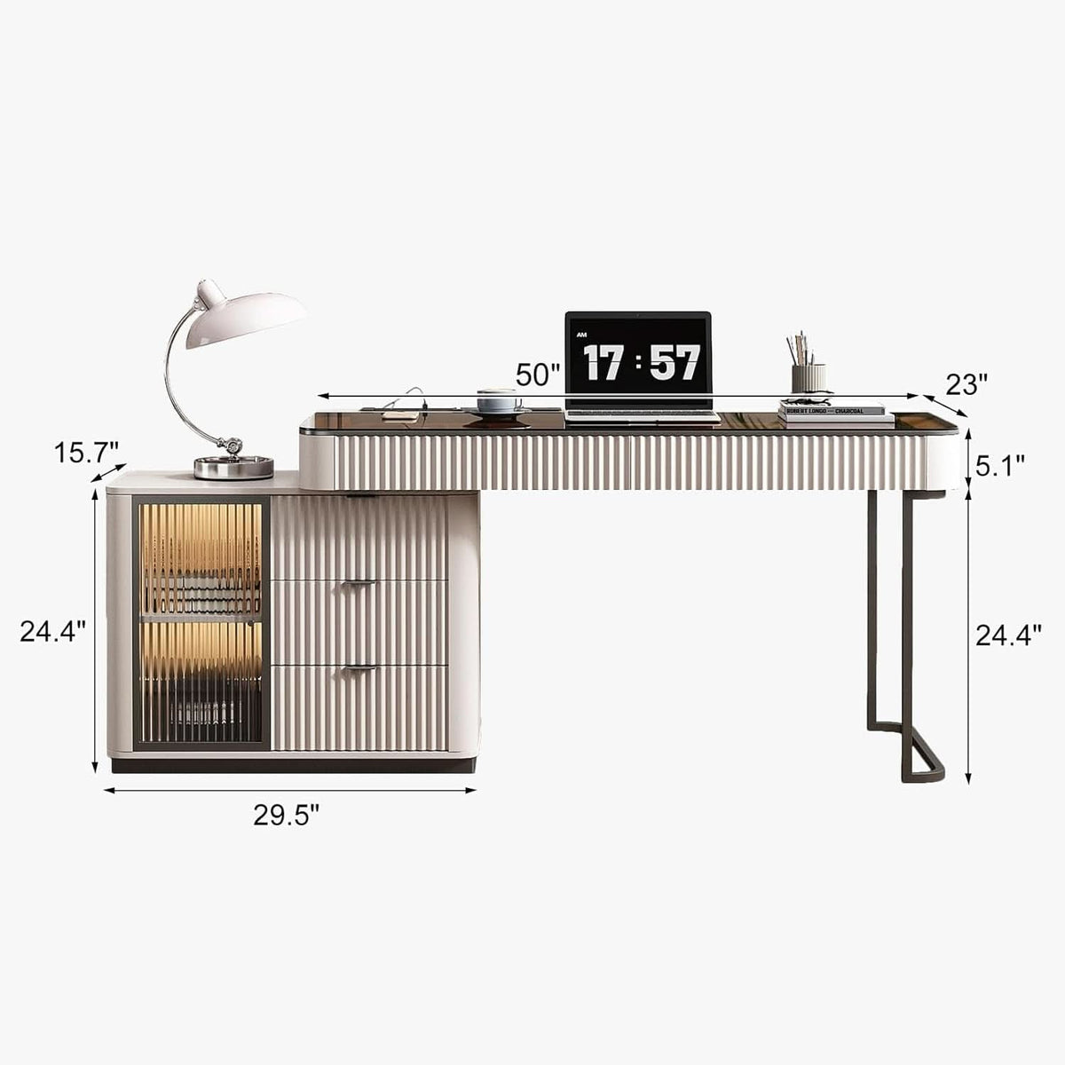 Ivory 50-Inch Glass Top Computer Desk with Storage Cabinet and LED Light – view 2