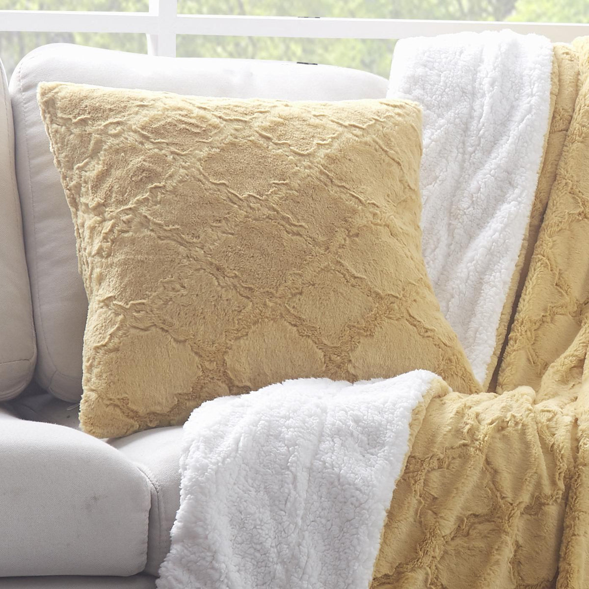 Mustard Yellow Faux Fur Moroccan Lattice Cushion Cover or Euro Sham – view 2