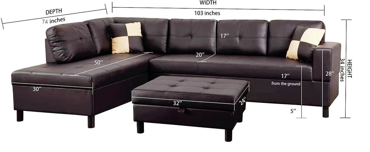 3-Piece Brown Faux Leather Sectional Sofa with Chaise and Ottoman – view 7