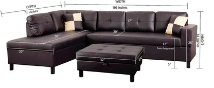 3-Piece Brown Faux Leather Sectional Sofa with Chaise and Ottoman – view 7