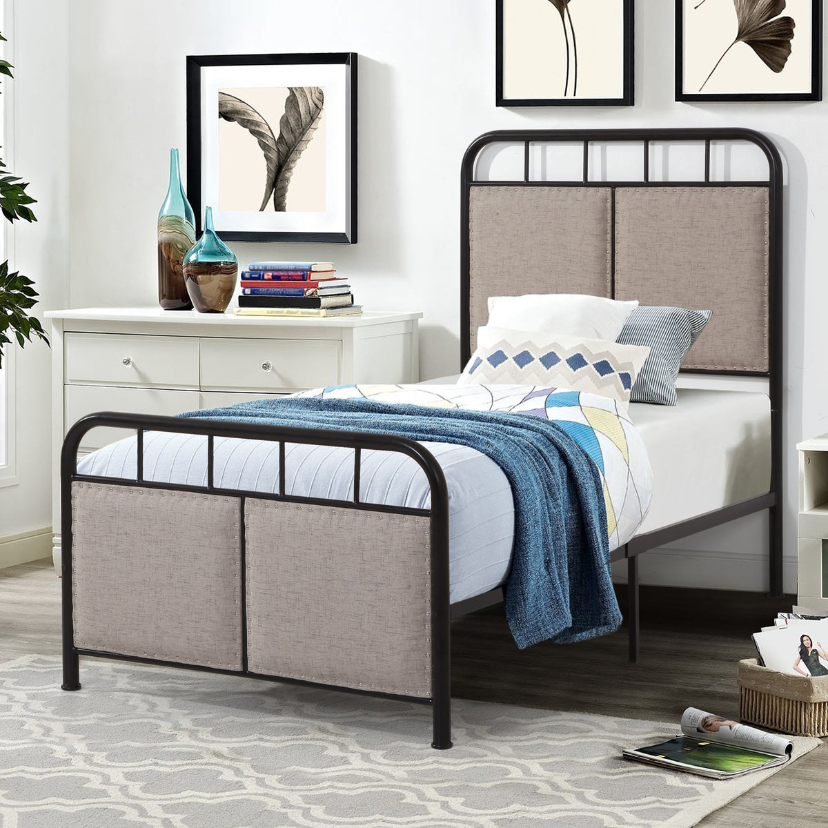 Twin Size Linen Upholstered Metal Platform Bed Frame – view 2