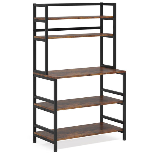 Rustic brown 5 tier bakers rack with hutch holding a microwave and coffee station in a farmhouse kitchen