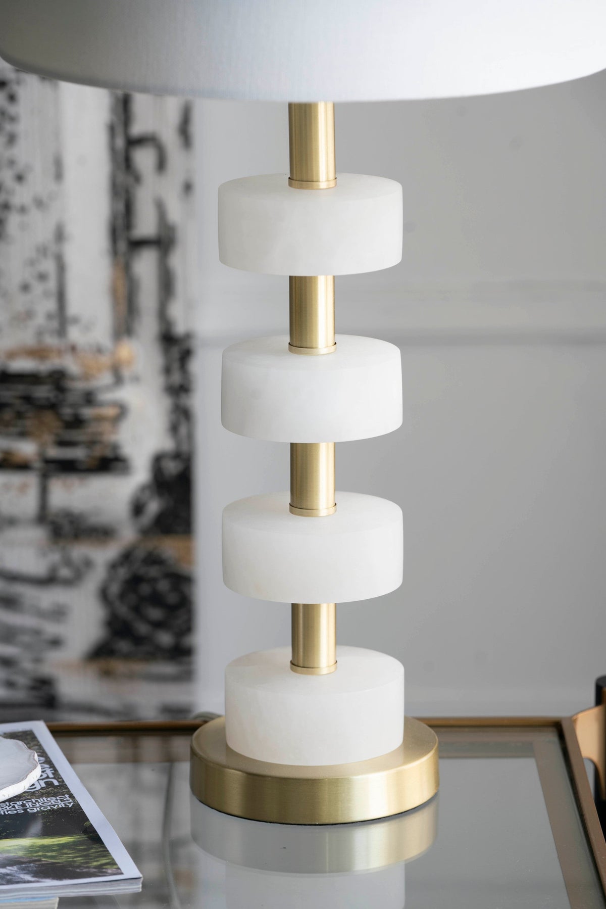 Marble Table Lamp with Brass Frame and White Fabric Drum Shade – view 11