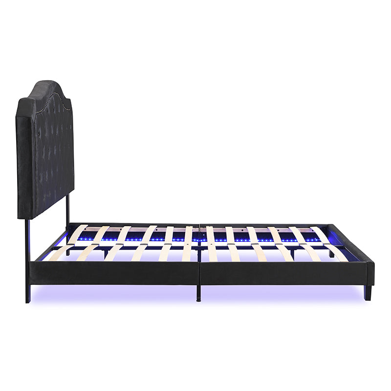 Queen Velvet Upholstered Bed with Button-Tufted Curved Headboard and LED – view 9