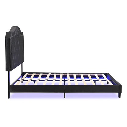 Queen Velvet Upholstered Bed with Button-Tufted Curved Headboard and LED – view 9