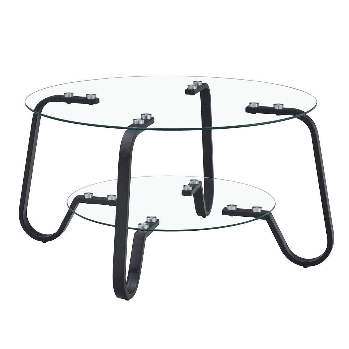 Square double layer tempered glass coffee table with gold metal frame in a modern living room