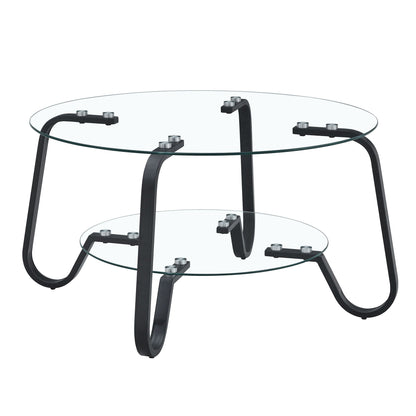 Square double layer tempered glass coffee table with gold metal frame in a modern living room