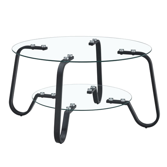 Square double layer tempered glass coffee table with gold metal frame in a modern living room