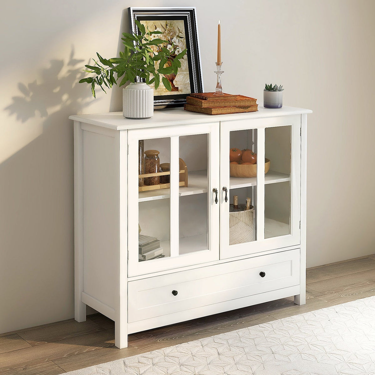 White Buffet Storage Cabinet with Double Glass Doors and Bell Handles – view 2