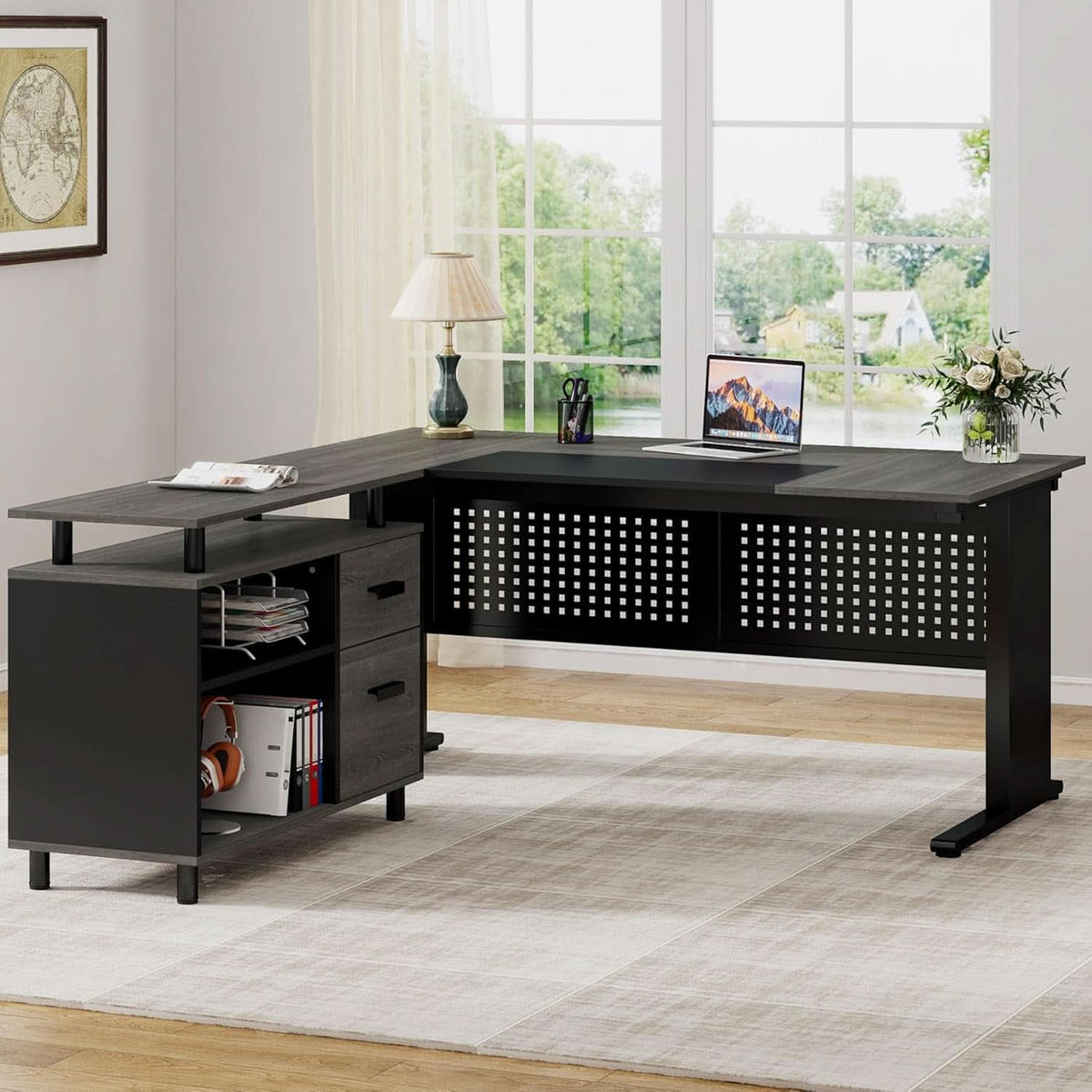 63-Inch Executive Desk with File Cabinet and Open Shelves – view 5